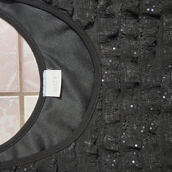 🎉HP🎉Little Black Dress Suzy with sequins and ruffled - lined stretchy form fit - Picture 6 of 12